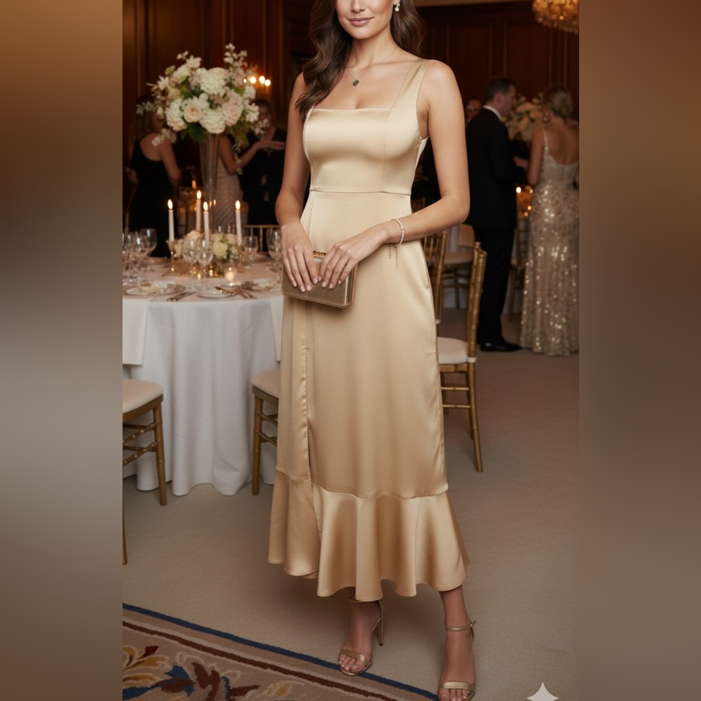 Show Me Your Mumu "Claire" Gold Satin Midi Dress